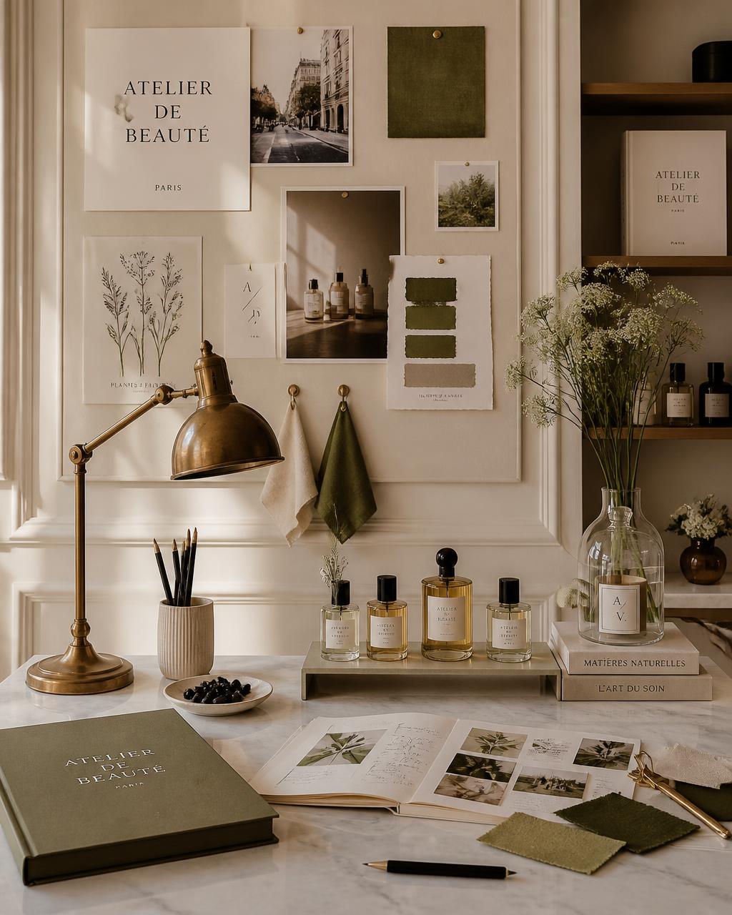 Beauty brand design studio with mood boards and botanical elements